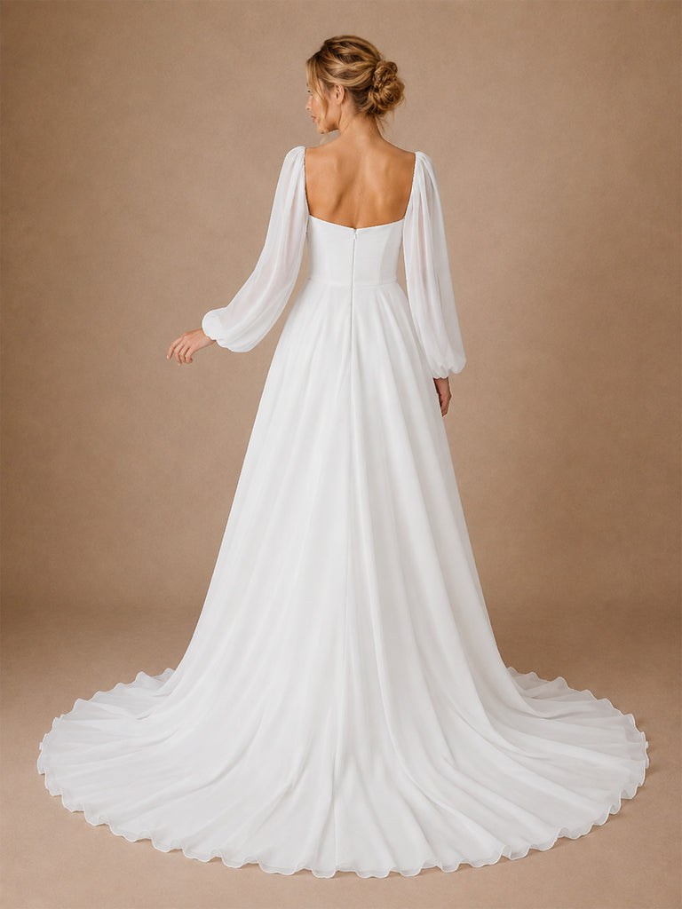ChicSew Elegant Long Sleeves Chiffon A-Line Floor-Length Wedding Dresses With Pleats