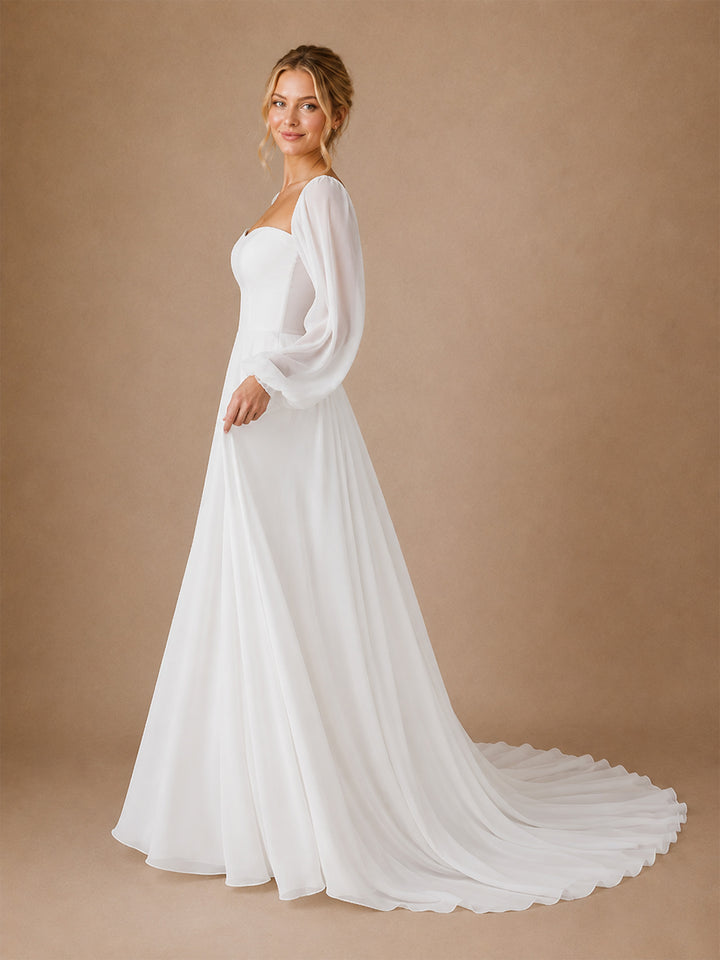 ChicSew Elegant Long Sleeves Chiffon A-Line Floor-Length Wedding Dresses With Pleats
