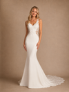 ChicSew Fancy Unique Lace Applique Spaghetti Straps Crepe Mermaid Long Wedding Dresses