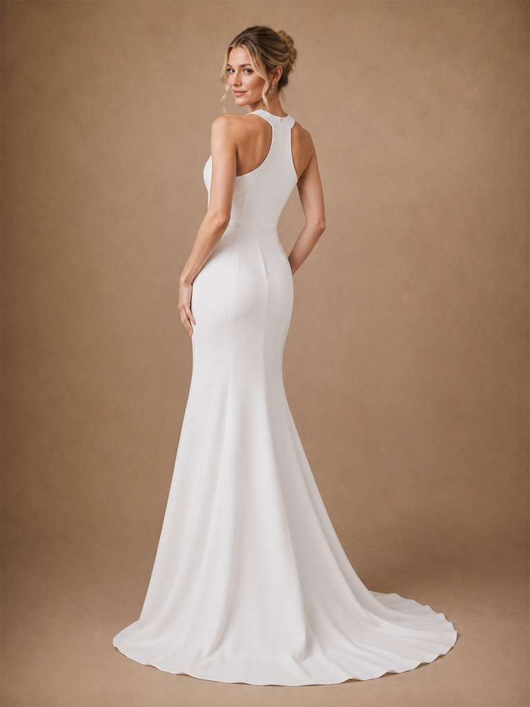 ChicSew Fancy High Neck Sleeveless Crepe Mermaid Long Wedding Dress Online