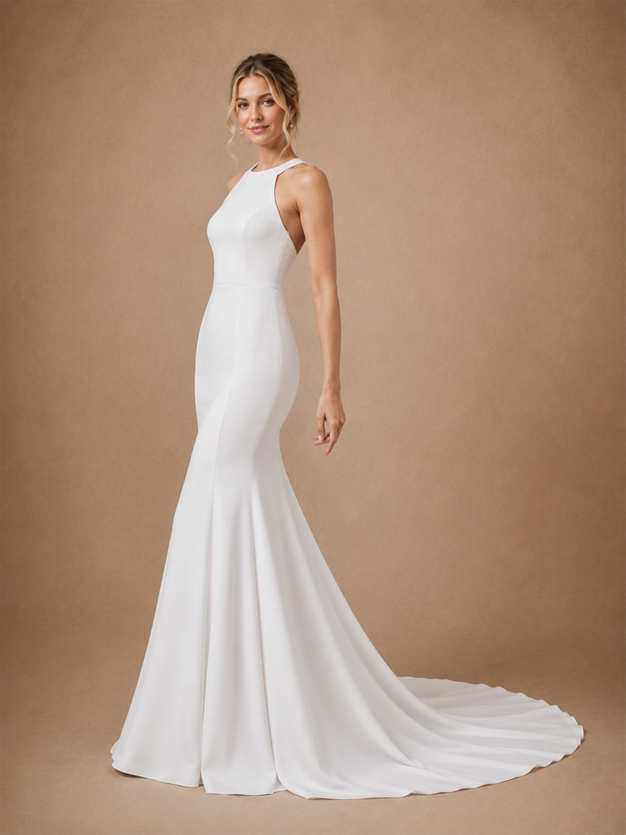 ChicSew Fancy High Neck Sleeveless Crepe Mermaid Long Wedding Dress Online