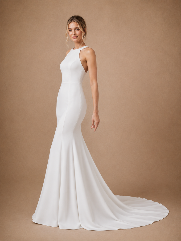 ChicSew Fancy High Neck Sleeveless Crepe Mermaid Long Wedding Dress Online
