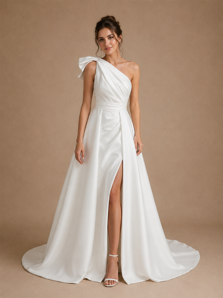 ChicSew Elegant Unique One Shoulder Ruched Satin Side Slit Mermaid Long Wedding Dresses With Overskirt
