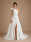 ChicSew Elegant Unique One Shoulder Ruched Satin Side Slit Mermaid Long Wedding Dresses With Overskirt