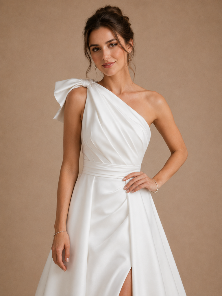 ChicSew Elegant Unique One Shoulder Ruched Satin Side Slit Mermaid Long Wedding Dresses With Overskirt
