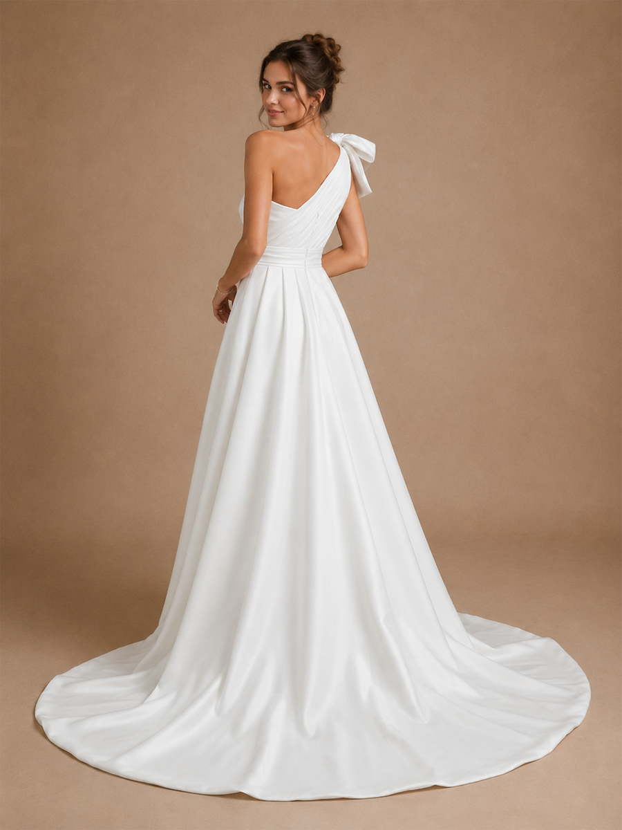 ChicSew Elegant Unique One Shoulder Ruched Satin Side Slit Mermaid Long Wedding Dresses With Overskirt