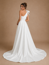 ChicSew Elegant Unique One Shoulder Ruched Satin Side Slit Mermaid Long Wedding Dresses With Overskirt