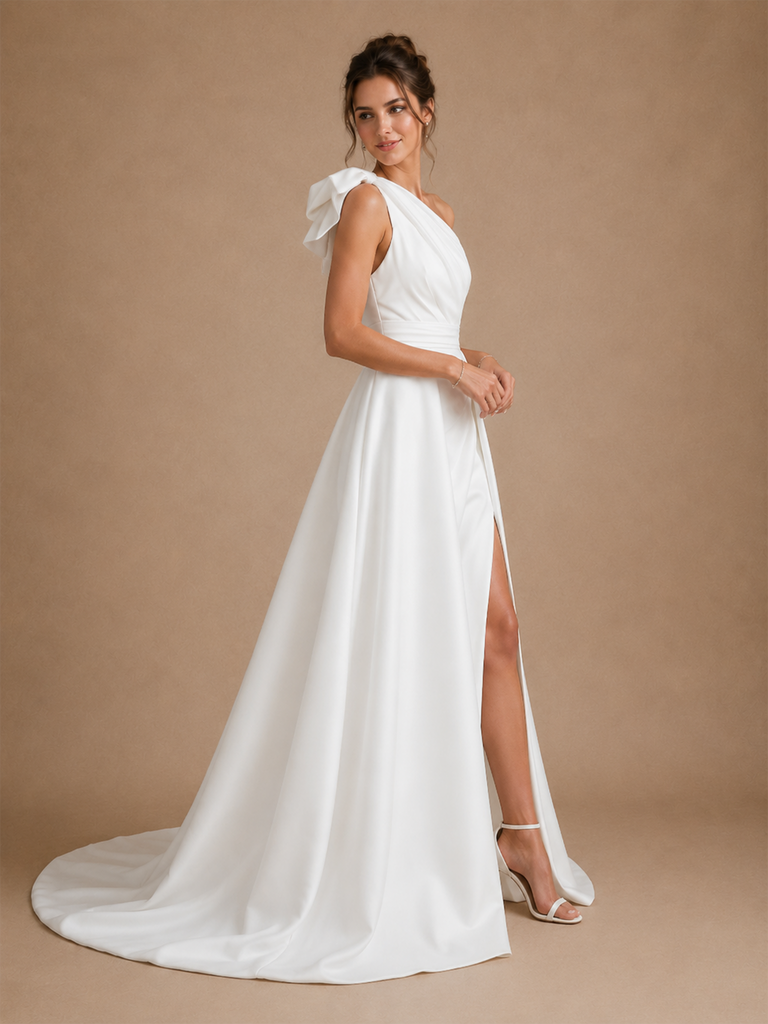 ChicSew Elegant Unique One Shoulder Ruched Satin Side Slit Mermaid Long Wedding Dresses With Overskirt