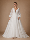 ChicSew Romantic Elegant V-Neck A-Line Glitter Tulle Long Sleeves Maxi Wedding Dresses