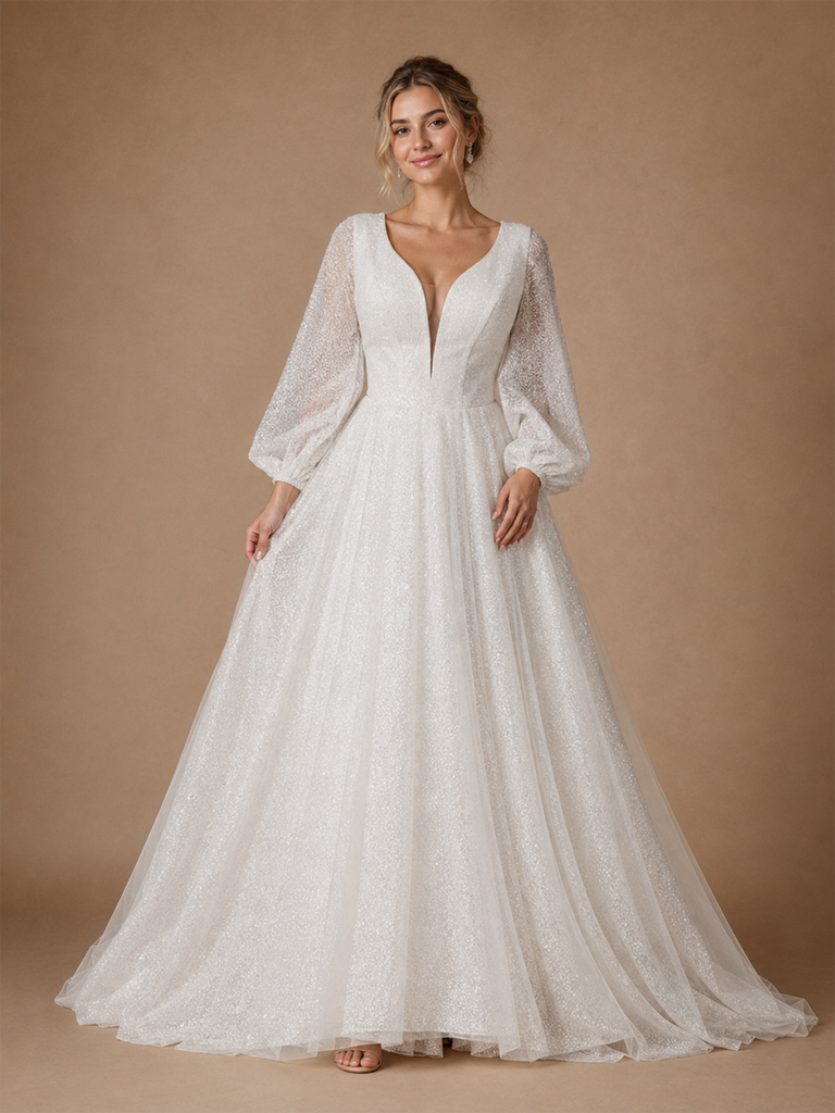 ChicSew Romantic Elegant V-Neck A-Line Glitter Tulle Long Sleeves Maxi Wedding Dresses