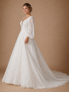 ChicSew Romantic Elegant V-Neck A-Line Glitter Tulle Long Sleeves Maxi Wedding Dresses