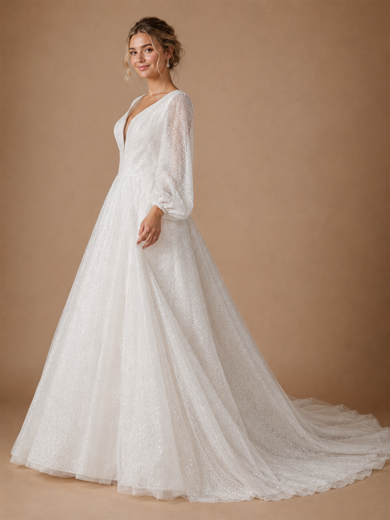 ChicSew Romantic Elegant V-Neck A-Line Glitter Tulle Long Sleeves Maxi Wedding Dresses