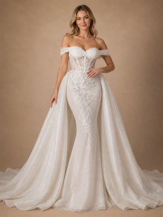 ChicSew Unique Romantic Off The Shoulder Boning Lace Tulle Mermaid Wedding Dresses With Overskirt
