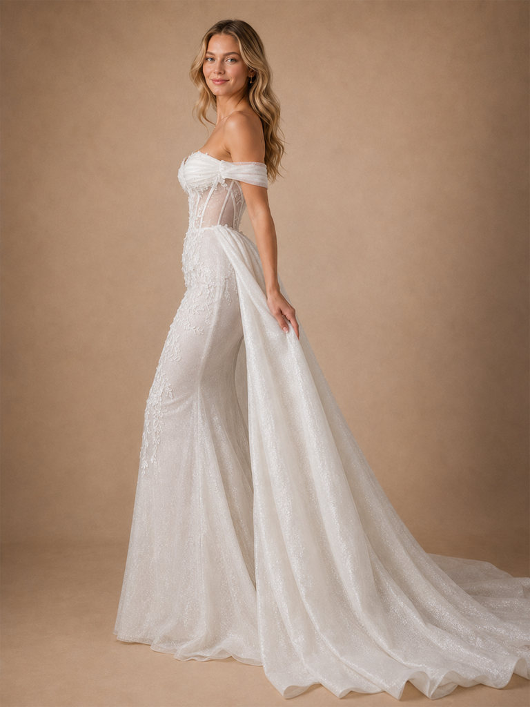ChicSew Unique Romantic Off The Shoulder Boning Lace Tulle Mermaid Wedding Dresses With Overskirt