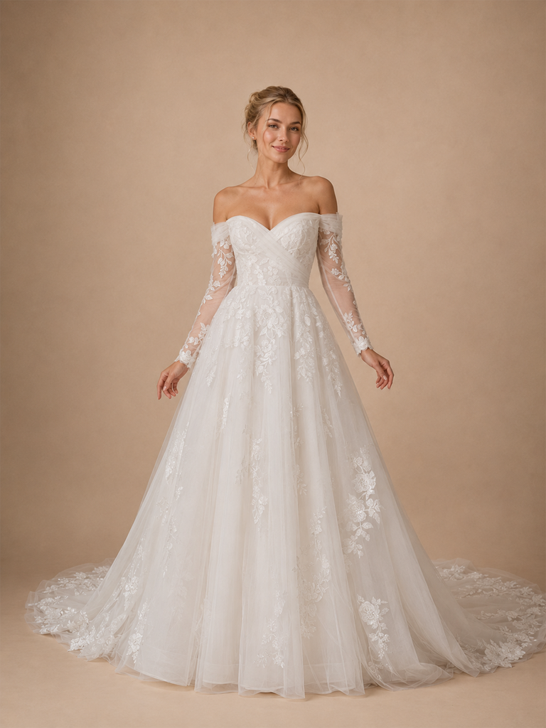 ChicSew Unique Fancy Sweetheart Lace Tulle Long Sleeves Maxi A-Line Wedding Dress