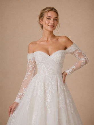 ChicSew Unique Fancy Sweetheart Lace Tulle Long Sleeves Maxi A-Line Wedding Dress