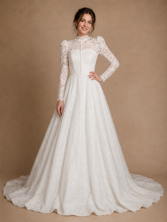 ChicSew Romantic High Neck Long Sleeves A-Line Lace Tulle Maxi Wedding Dress With Button