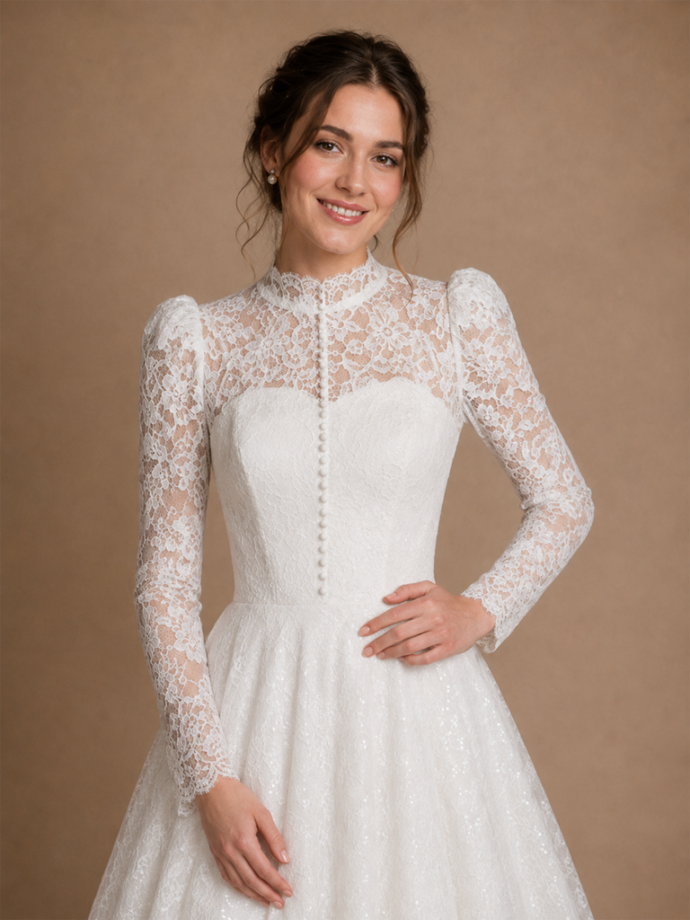 ChicSew Romantic High Neck Long Sleeves A-Line Lace Tulle Maxi Wedding Dress With Button