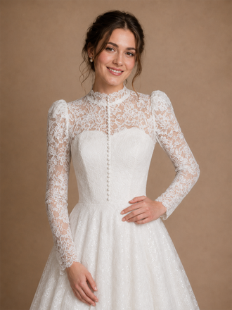 ChicSew Romantic High Neck Long Sleeves A-Line Lace Tulle Maxi Wedding Dress With Button