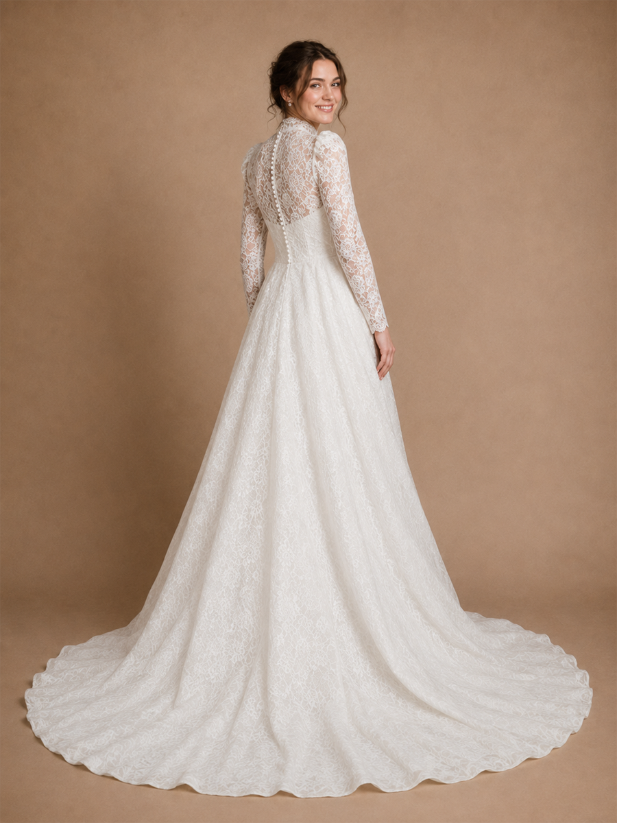 ChicSew Romantic High Neck Long Sleeves A-Line Lace Tulle Maxi Wedding Dress With Button
