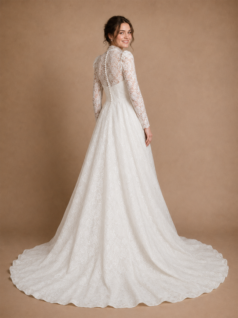 ChicSew Romantic High Neck Long Sleeves A-Line Lace Tulle Maxi Wedding Dress With Button