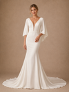 ChicSew Unique Classy Deep V-Neck Crepe Mermaid Flutter Sleeves Maxi Long Wedding Dresses