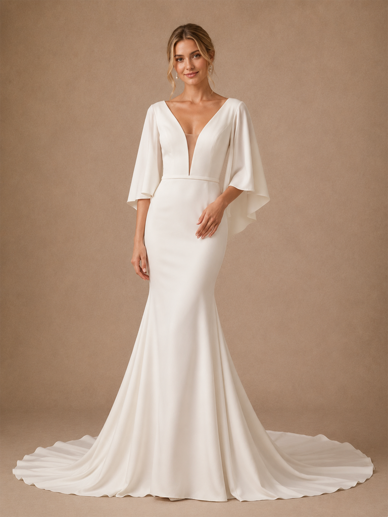 ChicSew Unique Classy Deep V-Neck Crepe Mermaid Flutter Sleeves Maxi Long Wedding Dresses