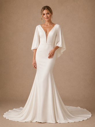 ChicSew Unique Classy Deep V-Neck Crepe Mermaid Flutter Sleeves Maxi Long Wedding Dresses