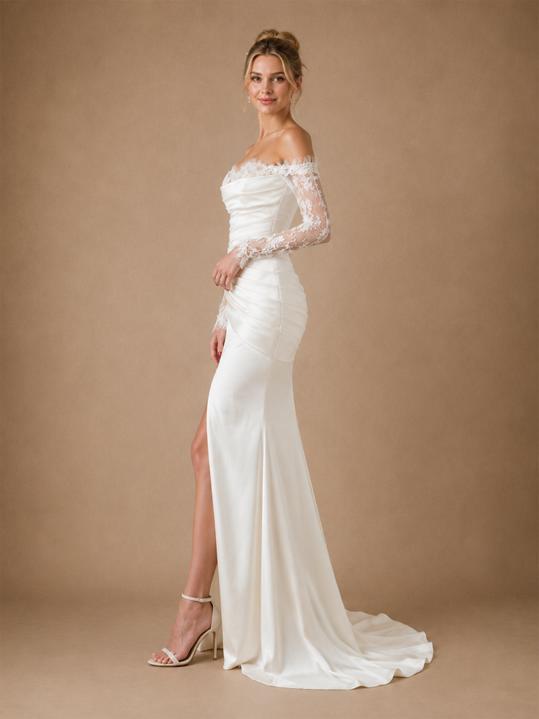 ChicSew Classy Elegant Satin Sweetheart Long Lace Sleeves Side Slit Maxi Mermaid Wedding Dresses