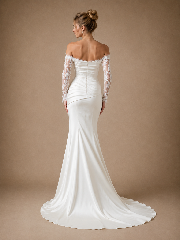 ChicSew Classy Elegant Satin Sweetheart Long Lace Sleeves Side Slit Maxi Mermaid Wedding Dresses