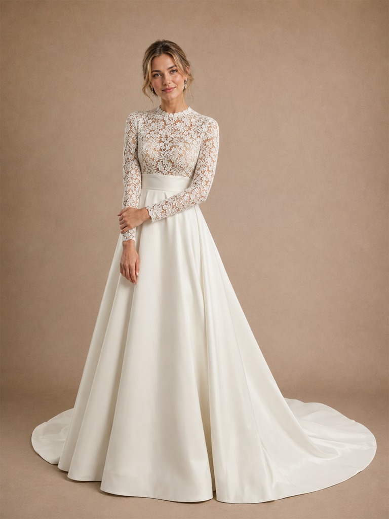 ChicSew Classy Unique Lace High Neck Long Sleeves Satin A-Line Maxi Wedding Dresses