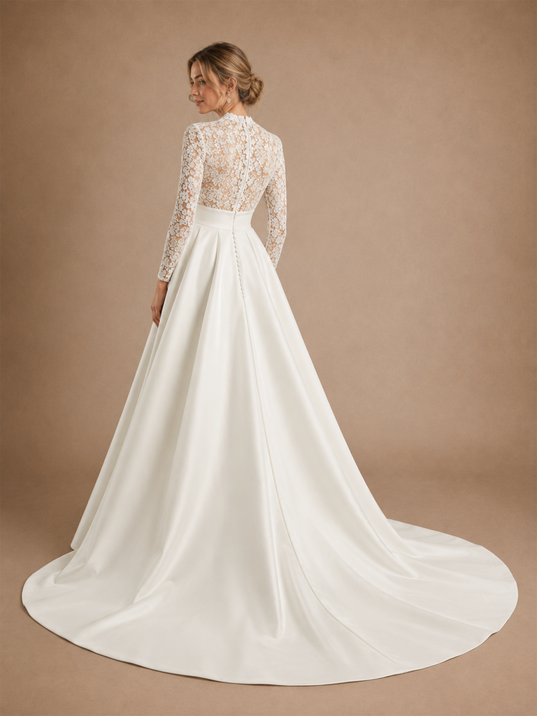 ChicSew Classy Unique Lace High Neck Long Sleeves Satin A-Line Maxi Wedding Dresses