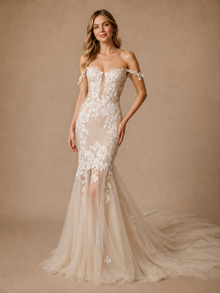 ChicSew Romantic Fancy Off The Shoulder Lace Tulle Mermaid Maxi Wedding Dresses