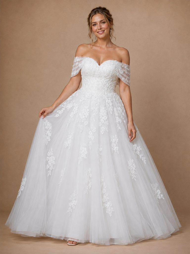 ChicSew Romantic Off The Shoulder A-Line Lace Applique Tulle Maxi Wedding Dresses