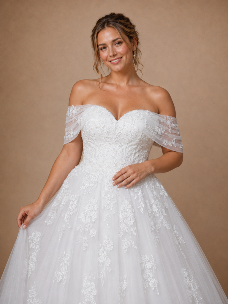ChicSew Romantic Off The Shoulder A-Line Lace Applique Tulle Maxi Wedding Dresses