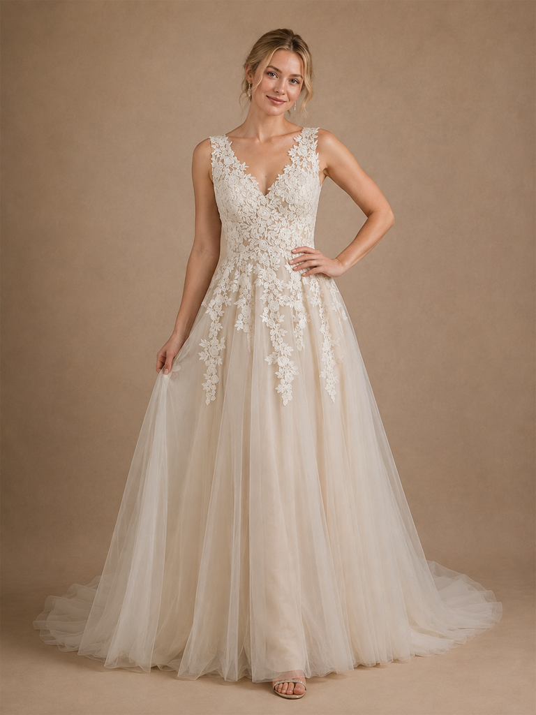 ChicSew Elegant V-Neck A-Line Lace Tulle Sleeveless Maxi Wedding Dress With Train