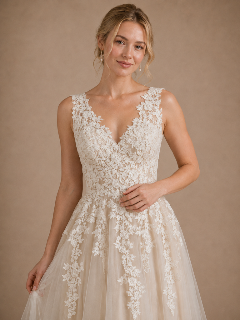 ChicSew Elegant V-Neck A-Line Lace Tulle Sleeveless Maxi Wedding Dress With Train
