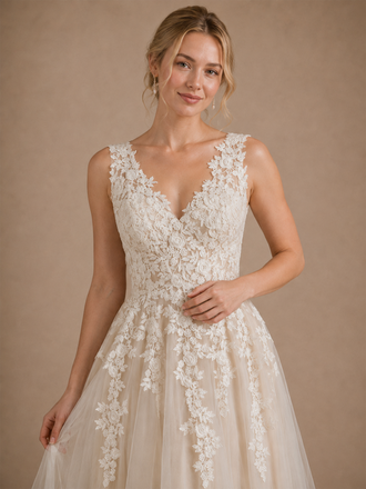 ChicSew Elegant V-Neck A-Line Lace Tulle Sleeveless Maxi Wedding Dress With Train