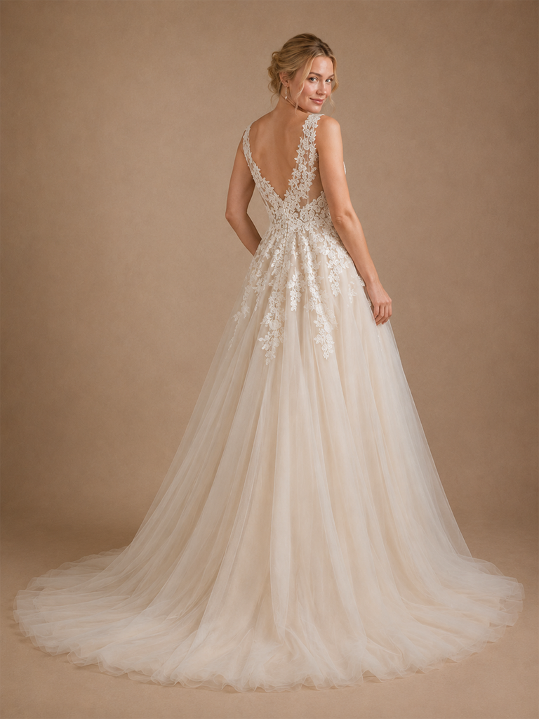 ChicSew Elegant V-Neck A-Line Lace Tulle Sleeveless Maxi Wedding Dress With Train
