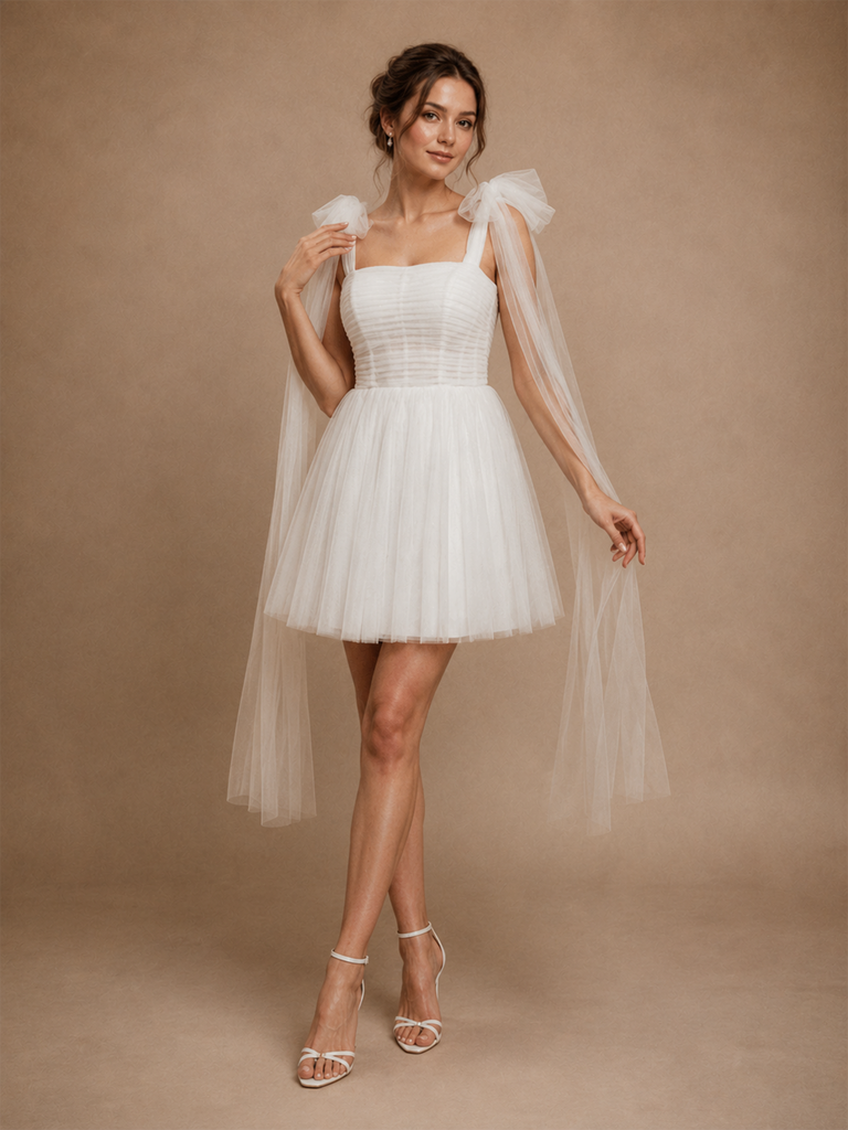 ChicSew Pretty Square Neck Tulle Sleeveless Pleated A-Line Mini Wedding Dresses With Bow Straps