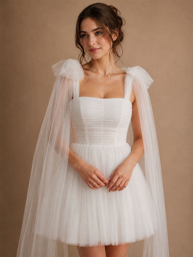 ChicSew Pretty Square Neck Tulle Sleeveless Pleated A-Line Mini Wedding Dresses With Bow Straps