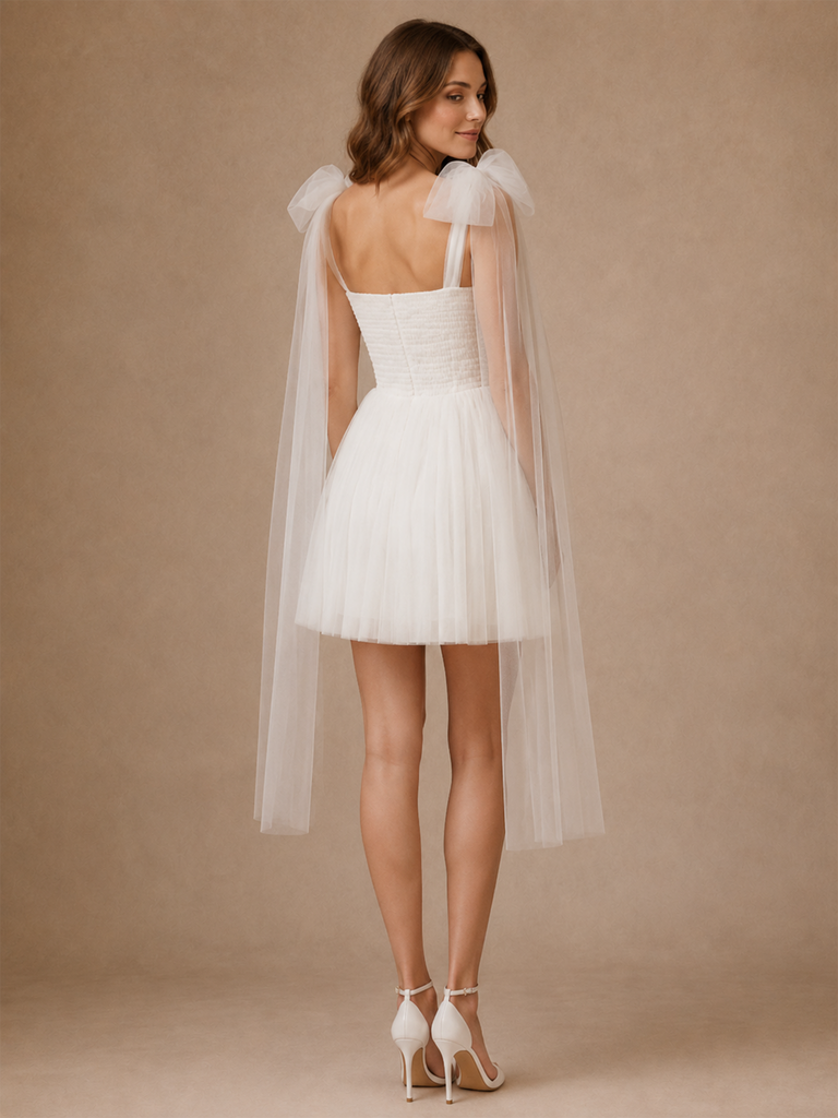 ChicSew Pretty Square Neck Tulle Sleeveless Pleated A-Line Mini Wedding Dresses With Bow Straps