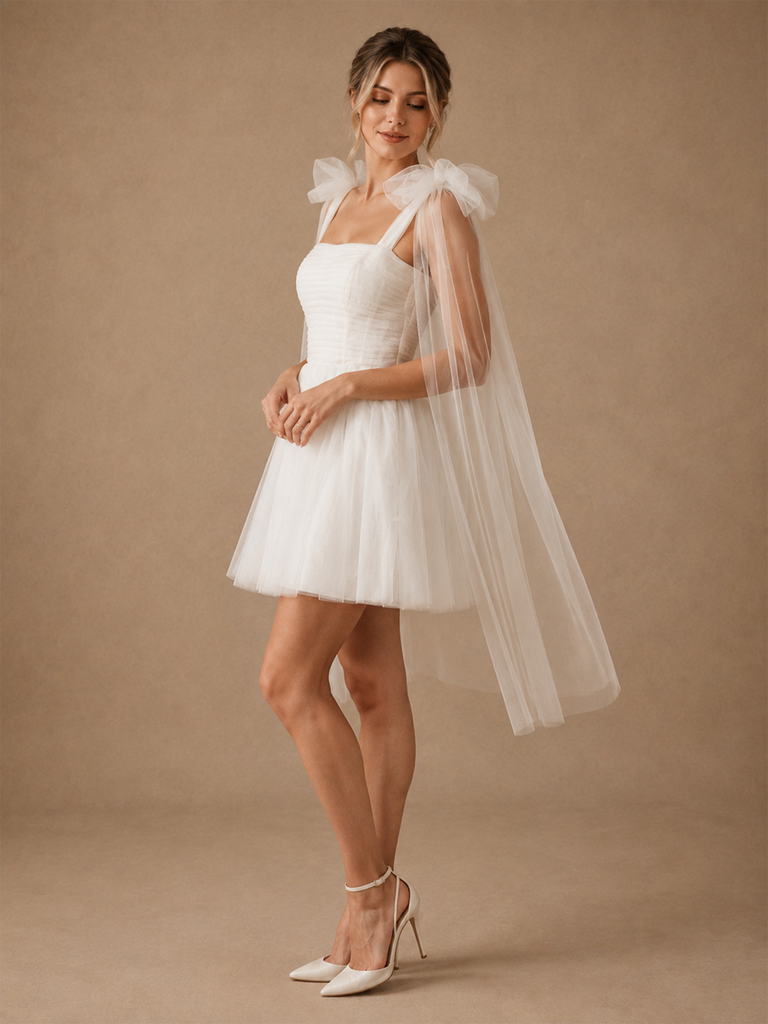 ChicSew Pretty Square Neck Tulle Sleeveless Pleated A-Line Mini Wedding Dresses With Bow Straps