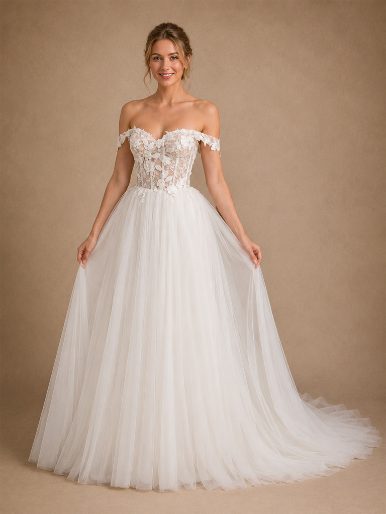 ChicSew Sexy Beautiful Off The Shoulder A-Line Boning Lace Tulle Floor-Length Wedding Dresses