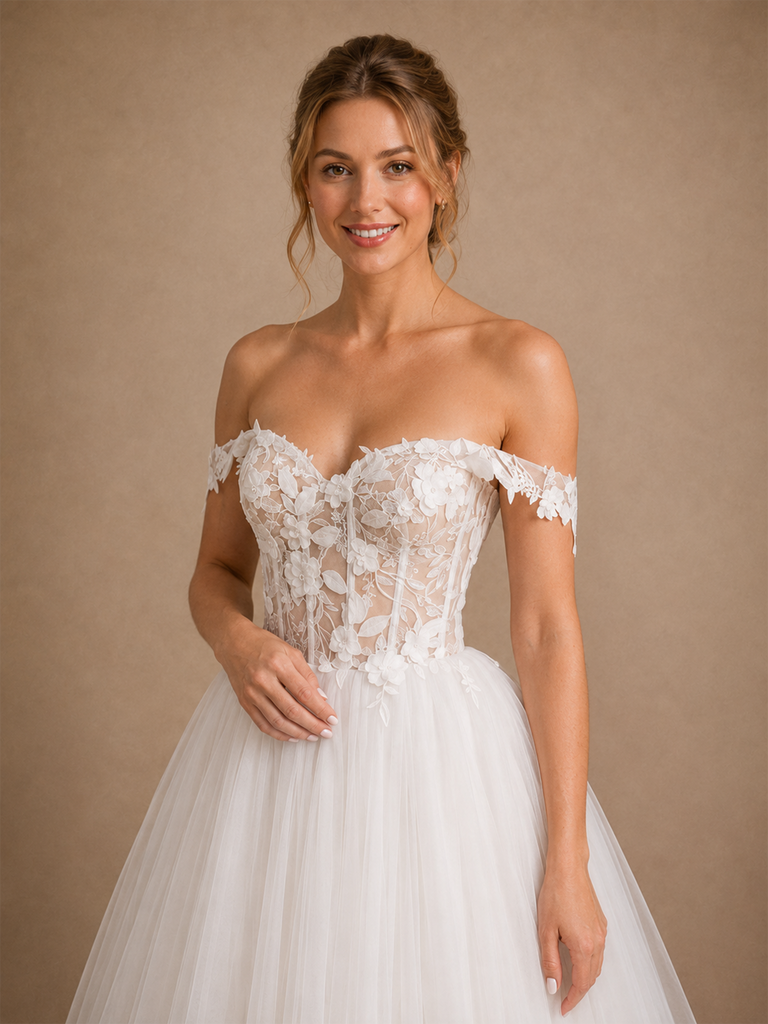 ChicSew Sexy Beautiful Off The Shoulder A-Line Boning Lace Tulle Floor-Length Wedding Dresses
