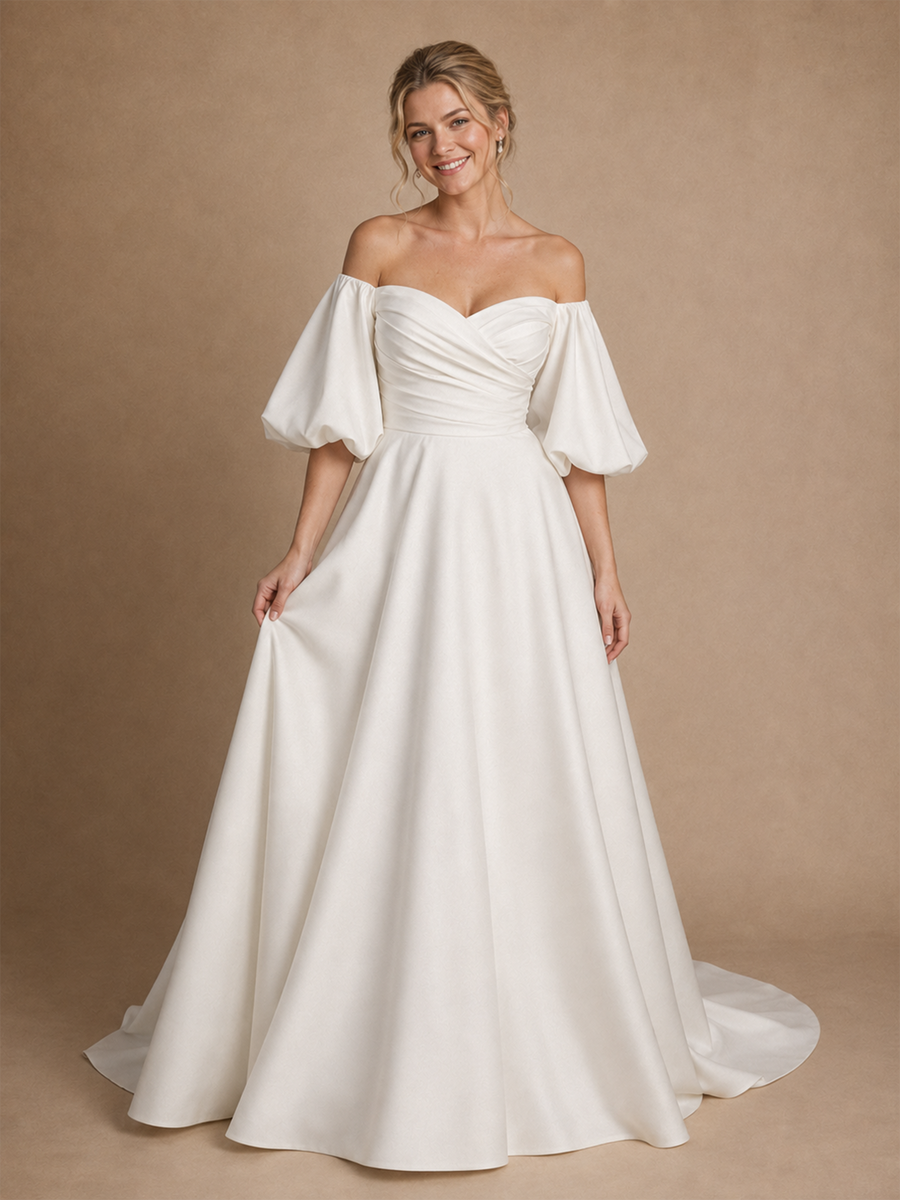 ChicSew Classy Modern Sweetheart Puff Sleeves Ruched A-Line Crepe Maxi Wedding Dresses