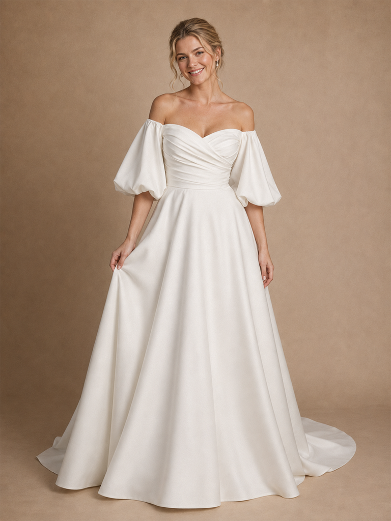 ChicSew Classy Modern Sweetheart Puff Sleeves Ruched A-Line Crepe Maxi Wedding Dresses