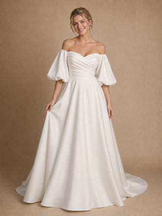 ChicSew Classy Modern Sweetheart Puff Sleeves Ruched A-Line Crepe Maxi Wedding Dresses