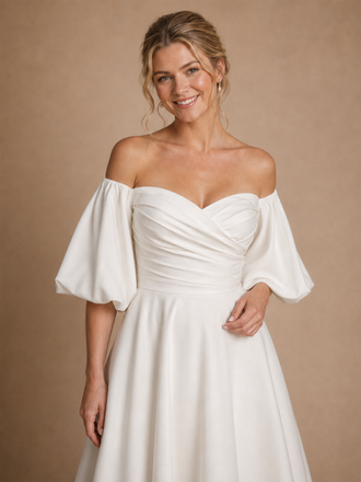 ChicSew Classy Modern Sweetheart Puff Sleeves Ruched A-Line Crepe Maxi Wedding Dresses