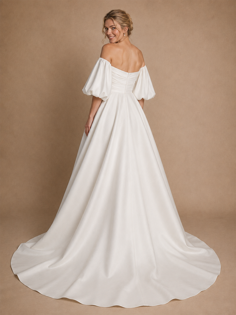 ChicSew Classy Modern Sweetheart Puff Sleeves Ruched A-Line Crepe Maxi Wedding Dresses